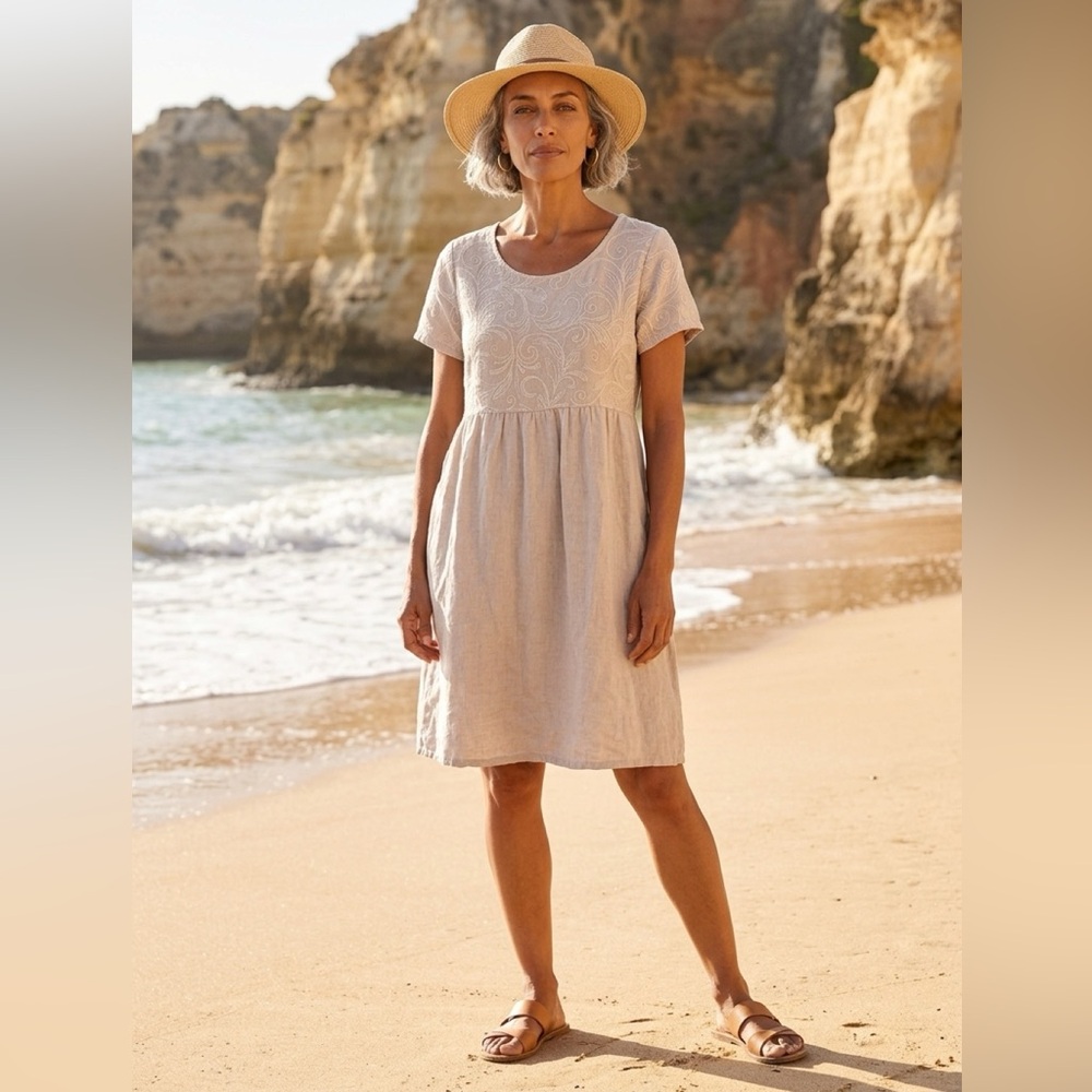 Terzo millennium Embroidered Scoop-Neck Linen Dress in Taupe made in Italy